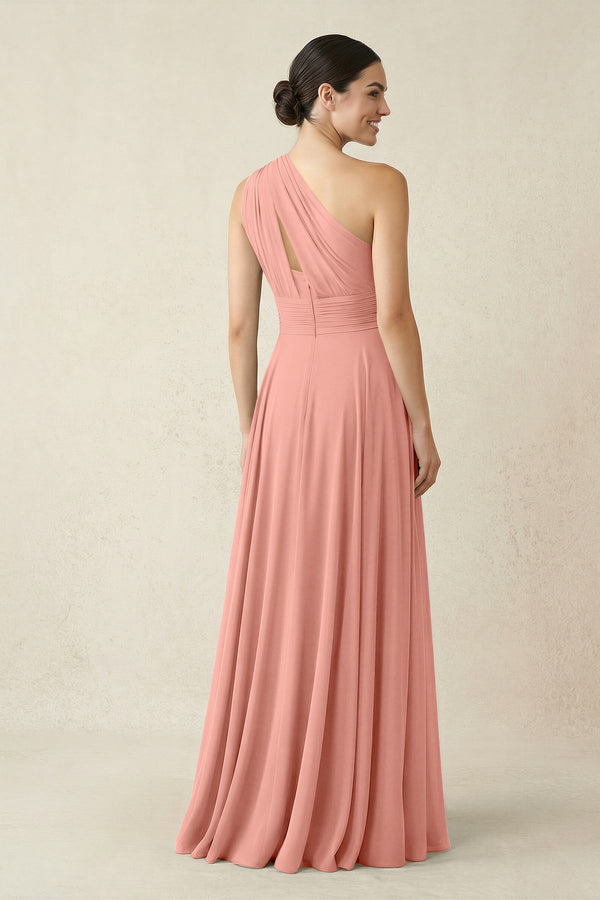One-Shoulder A-Line Pleated Chiffon Bridesmaid Dress in Rosette (2) | KISSBRIDAL