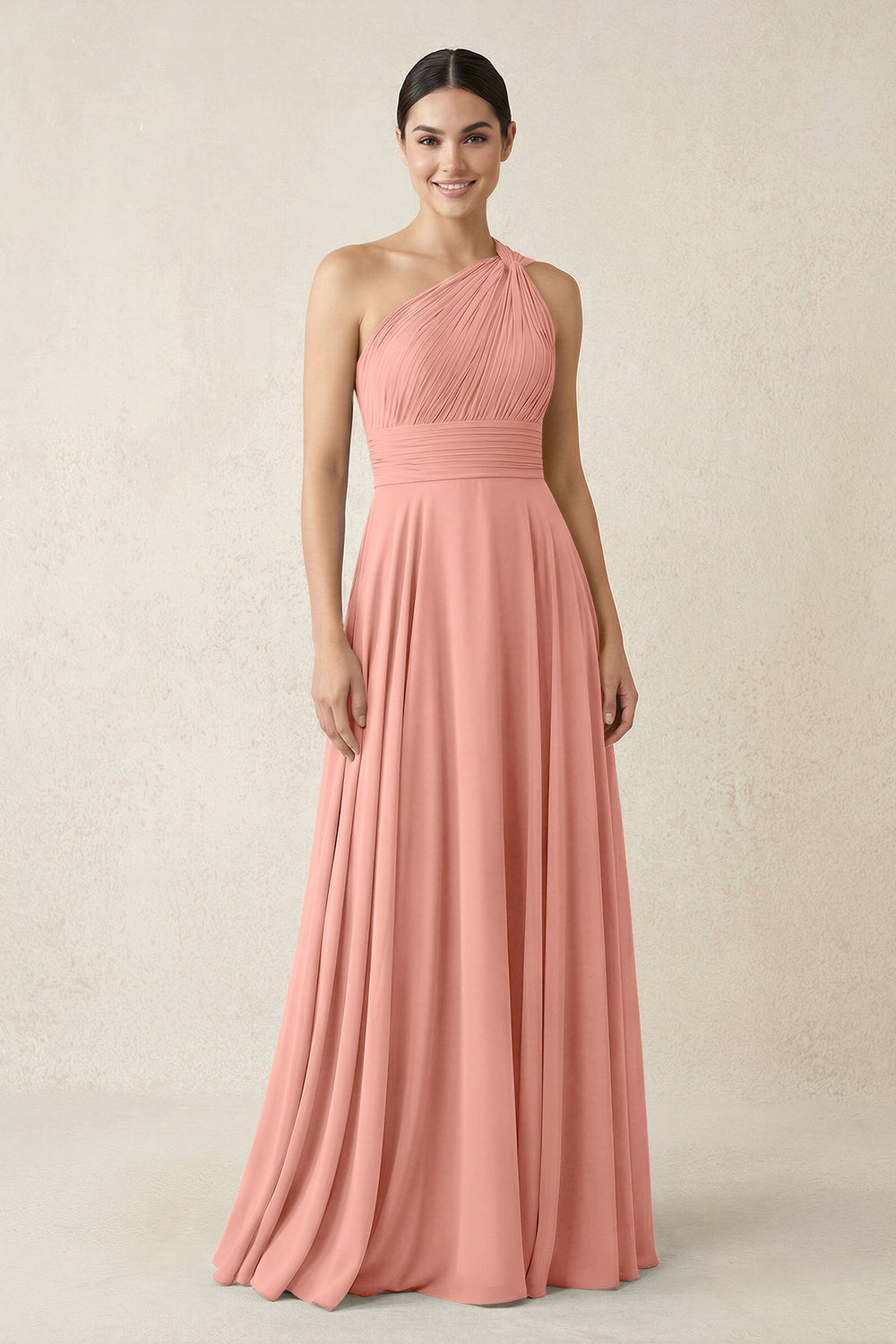 One-Shoulder A-Line Pleated Chiffon Bridesmaid Dress in Rosette