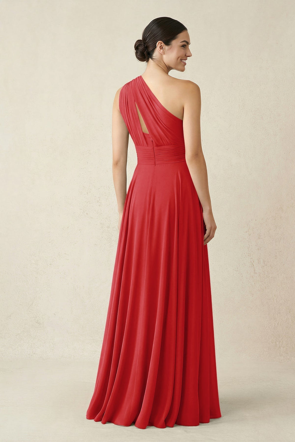 One-Shoulder A-Line Pleated Chiffon Bridesmaid Dress in Ruby Red