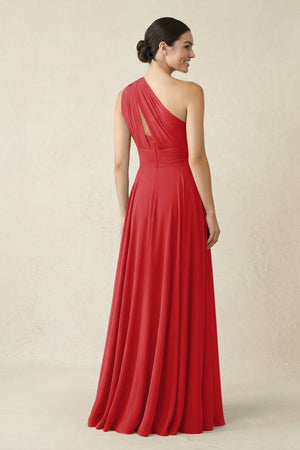 One - Shoulder A - Line Pleated Chiffon Bridesmaid Dress in Ruby Red - KISS BRIDAL Bridesmaid Dresses