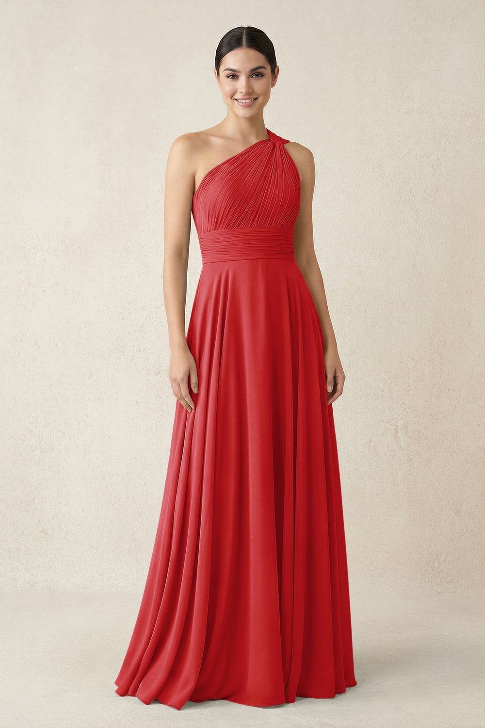 One-Shoulder A-Line Pleated Chiffon Bridesmaid Dress in Ruby Red