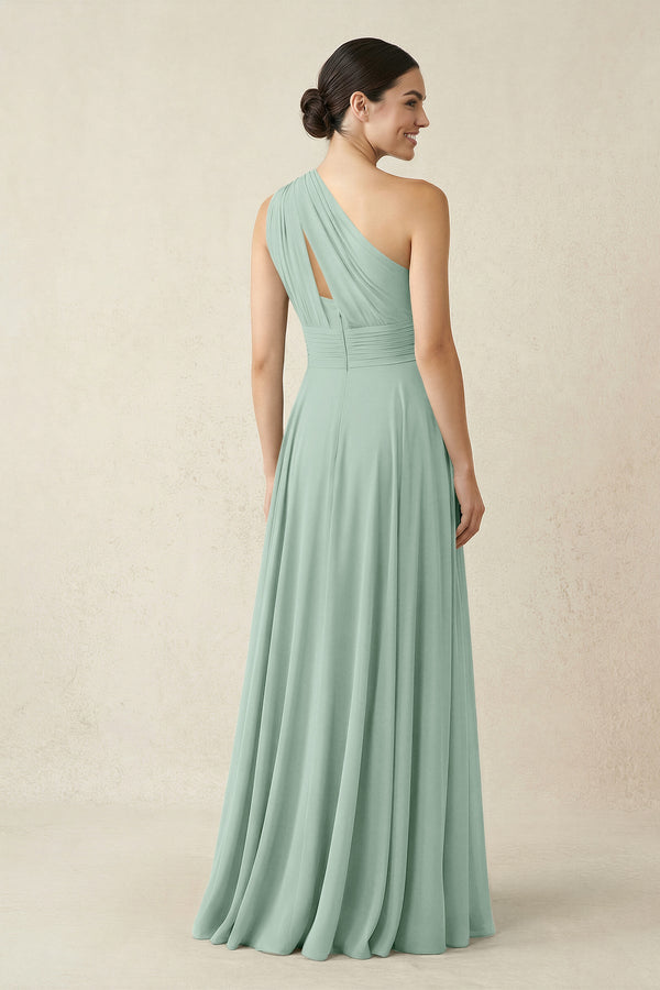 One-Shoulder A-Line Pleated Chiffon Bridesmaid Dress in Sage (2) | KISSBRIDAL