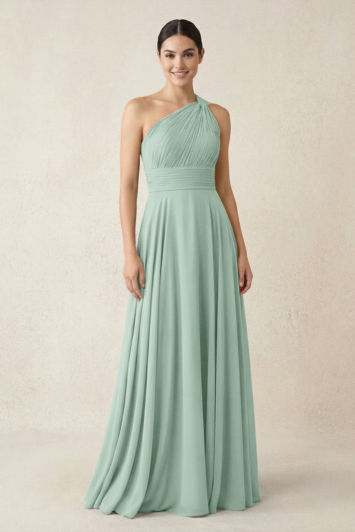 One-Shoulder A-Line Pleated Chiffon Bridesmaid Dress in Sage | KISSBRIDAL