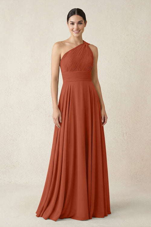 One - Shoulder A - Line Pleated Chiffon Bridesmaid Dress in Spice - KISS BRIDAL Bridesmaid Dresses