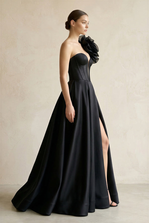 One - Shoulder A - Line Satin 3D Flower Corset Wedding Dress in Black - KISS BRIDAL Wedding Dresses