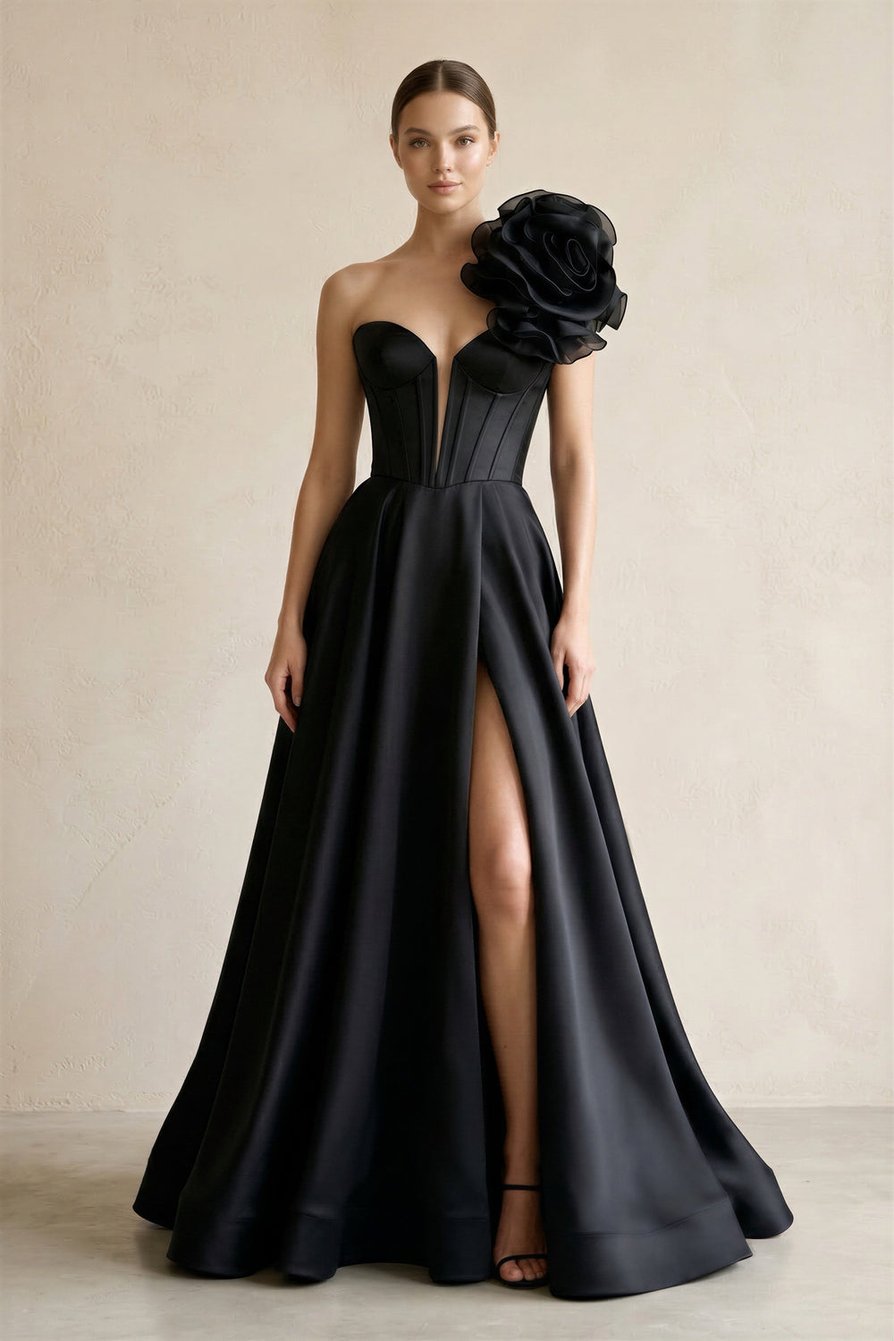 One-Shoulder A-Line Satin 3D Flower Corset Wedding Dress in Black