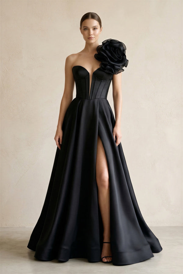 One - Shoulder A - Line Satin 3D Flower Corset Wedding Dress in Black - KISS BRIDAL Wedding Dresses