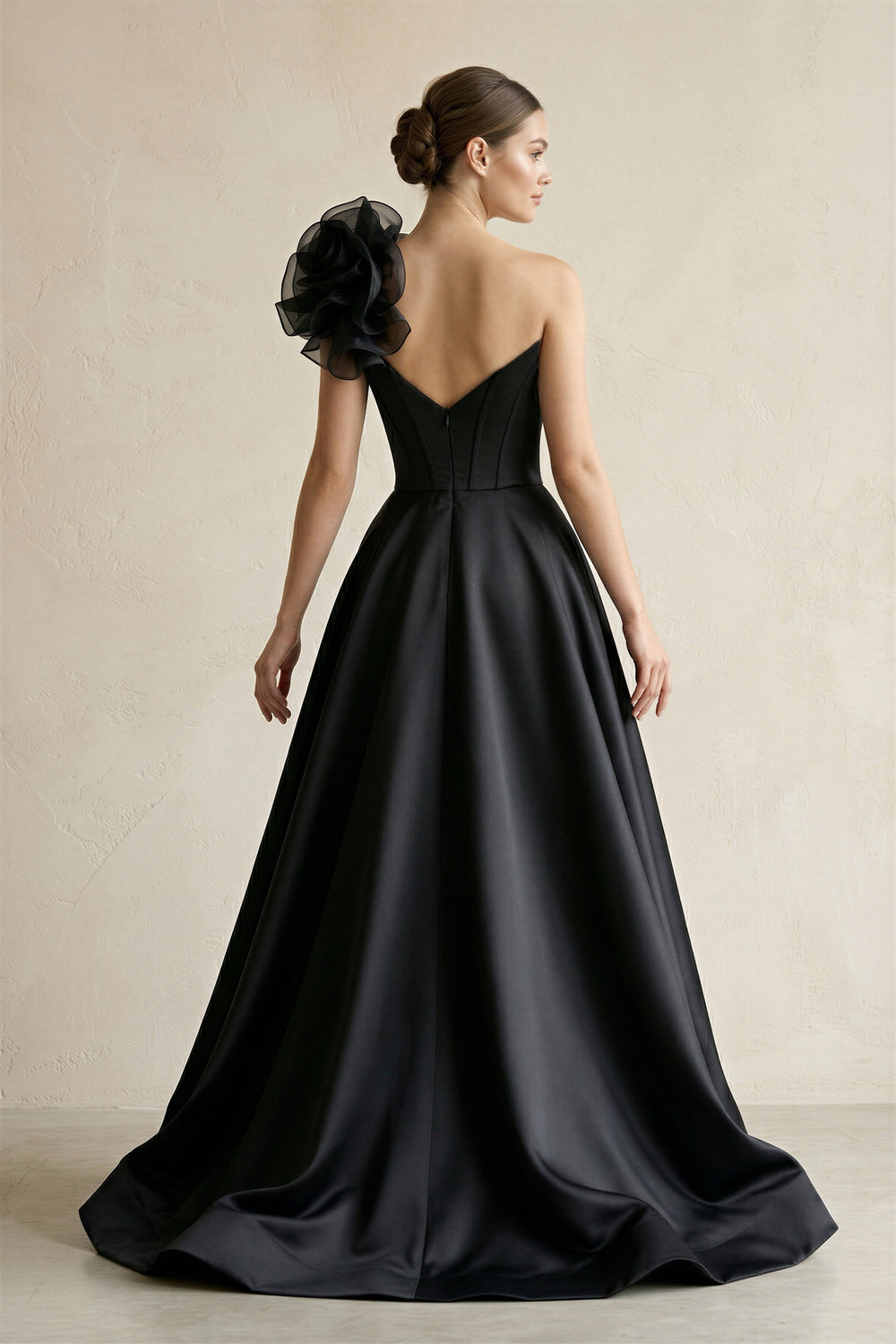 One-Shoulder A-Line Satin 3D Flower Corset Wedding Dress in Black