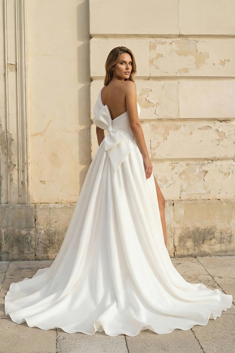 One Shoulder A Line Satin Wedding Dress With Bow