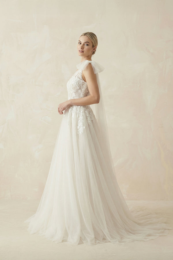 One Shoulder A Line Tulle Wedding Dress With Appliques in Ivory - KISS BRIDAL Wedding Dresses