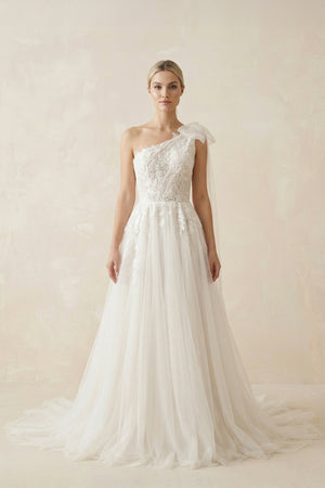 One Shoulder A Line Tulle Wedding Dress With Appliques in Ivory - KISS BRIDAL Wedding Dresses