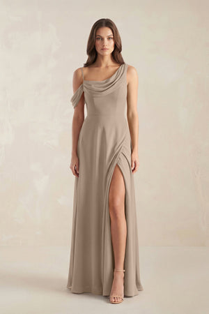 One-Shoulder Chiffon A-Line Bridesmaid Dress in Almond | KISSBRIDAL