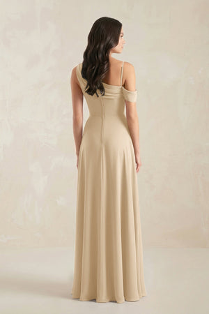 One-Shoulder Chiffon A-Line Bridesmaid Dress in Champagne (2) | KISSBRIDAL