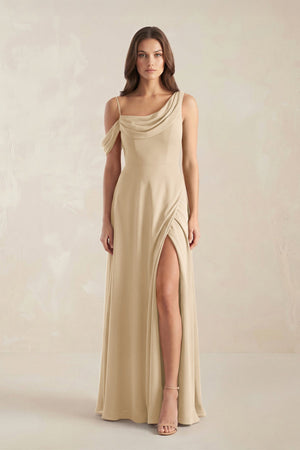One-Shoulder Chiffon A-Line Bridesmaid Dress in Champagne | KISSBRIDAL