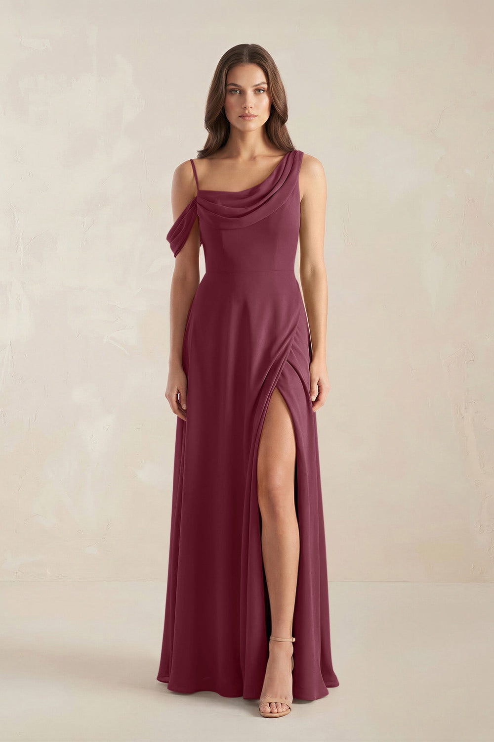 One-Shoulder Chiffon A-Line Bridesmaid Dress in Desert Rose