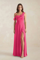 One-Shoulder Chiffon A-Line Bridesmaid Dress in Fuchsia | KISSBRIDAL