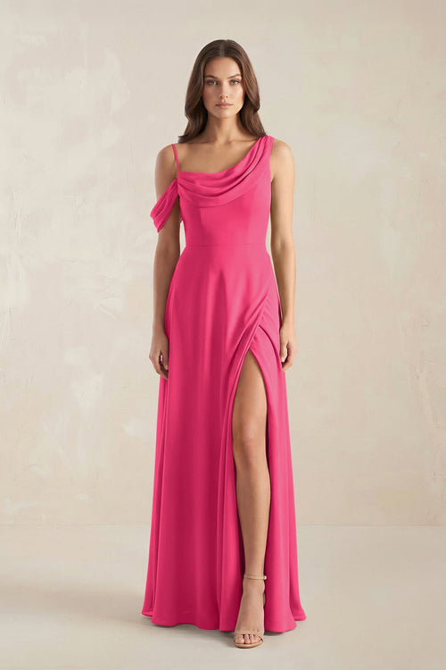 One-Shoulder Chiffon A-Line Bridesmaid Dress in Fuchsia | KISSBRIDAL