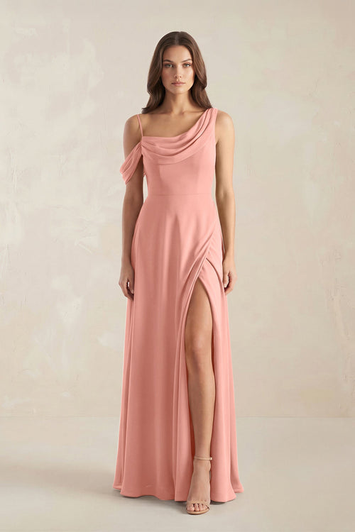 One-Shoulder Chiffon A-Line Bridesmaid Dress in Rosette | KISSBRIDAL