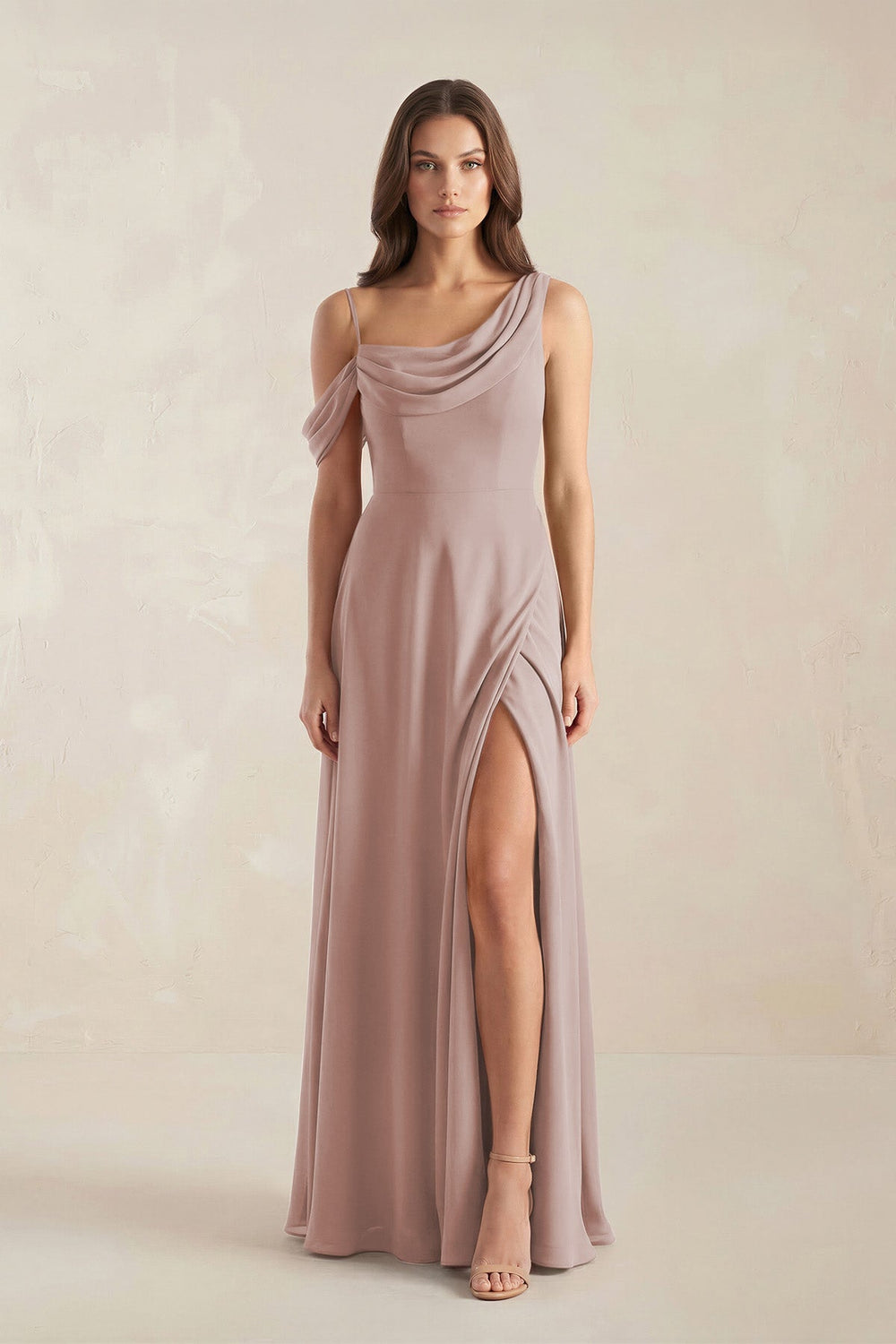 One-Shoulder Chiffon A-Line Bridesmaid Dress in Toffee