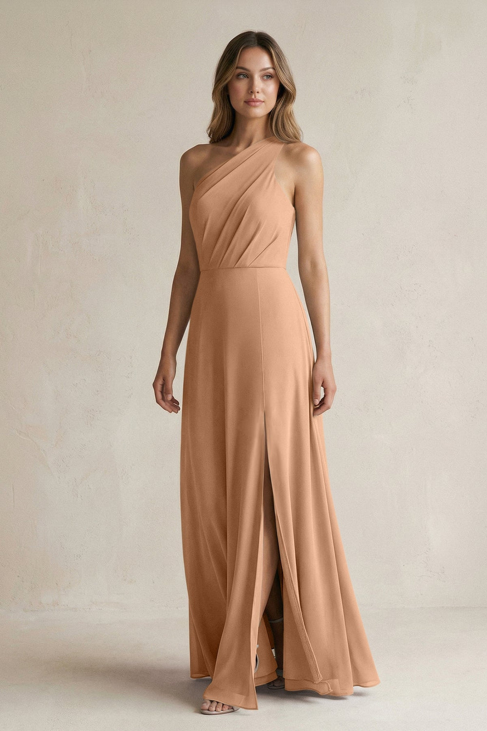 One-Shoulder Chiffon A-Line Bridesmaid Dress With Slit in Bronzer