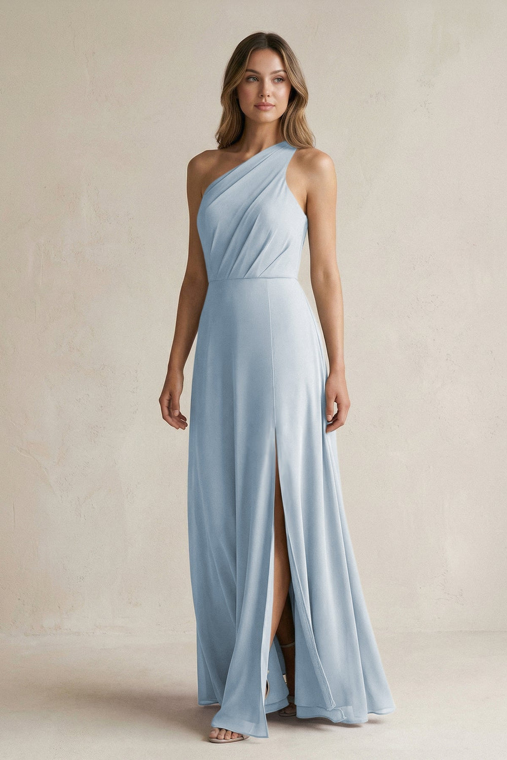 One-Shoulder Chiffon A-Line Bridesmaid Dress With Slit in Dusty Blue