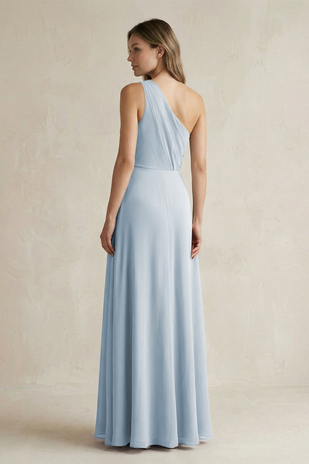 One-Shoulder Chiffon A-Line Bridesmaid Dress With Slit in Dusty Blue