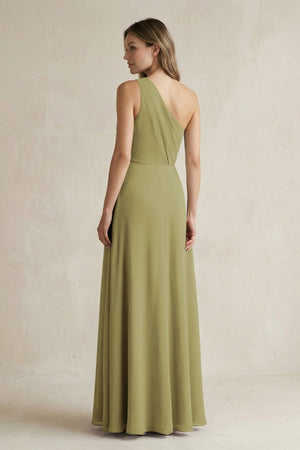 One-Shoulder Chiffon A-Line Bridesmaid Dress With Slit in Moss Green (2) | KISSBRIDAL
