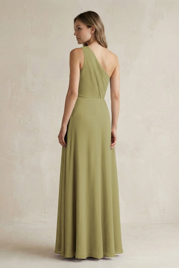 One-Shoulder Chiffon A-Line Bridesmaid Dress With Slit in Moss Green (2) | KISSBRIDAL