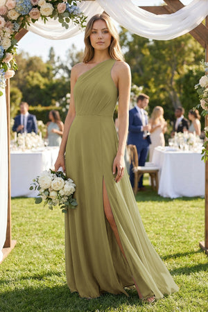 One-Shoulder Chiffon A-Line Bridesmaid Dress With Slit in Moss Green (4) | KISSBRIDAL