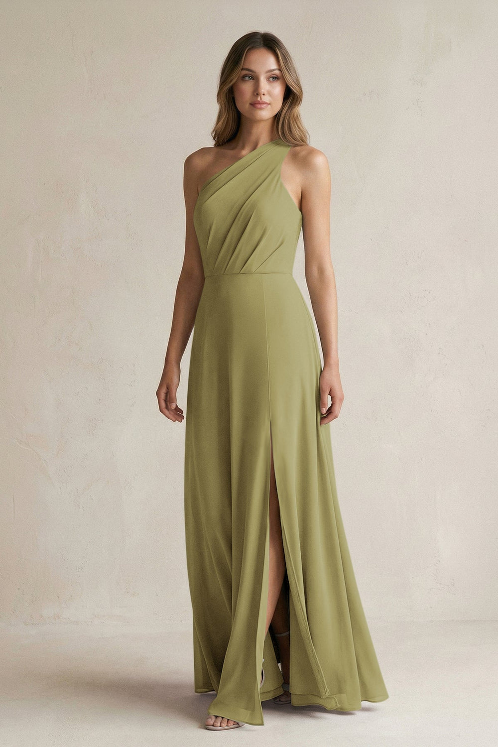 One-Shoulder Chiffon A-Line Bridesmaid Dress With Slit in Moss Green