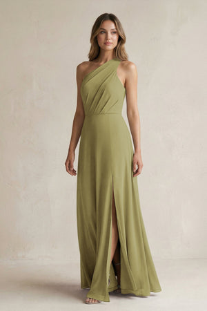 One-Shoulder Chiffon A-Line Bridesmaid Dress With Slit in Moss Green | KISSBRIDAL