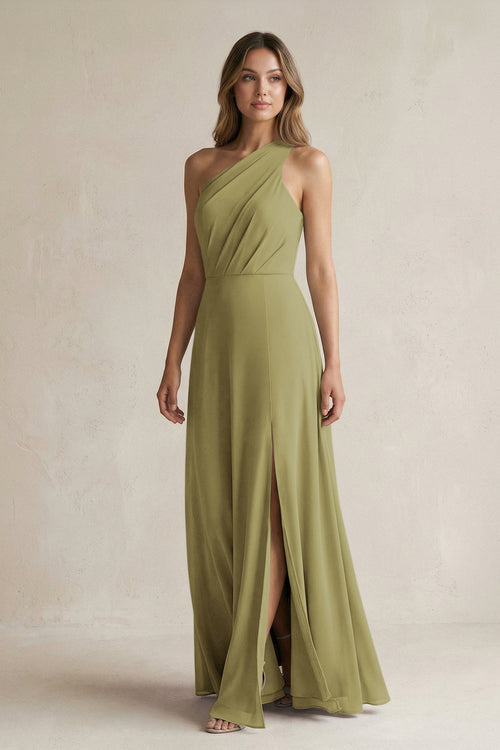 One-Shoulder Chiffon A-Line Bridesmaid Dress With Slit in Moss Green | KISSBRIDAL