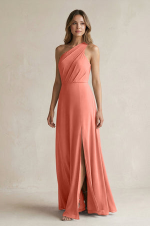 One-Shoulder Chiffon A-Line Bridesmaid Dress With Slit in Wild Rose - KISS BRIDAL BRIDESMAID DRESSES