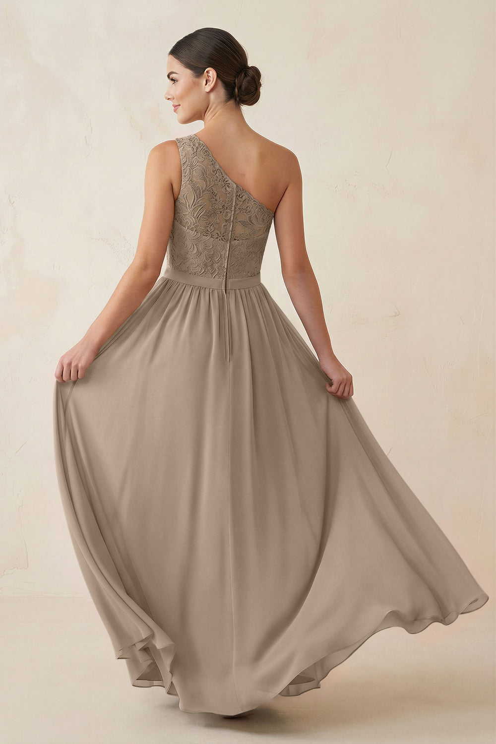 One-Shoulder Lace Chiffon A-Line Bridesmaid Dress in Almond