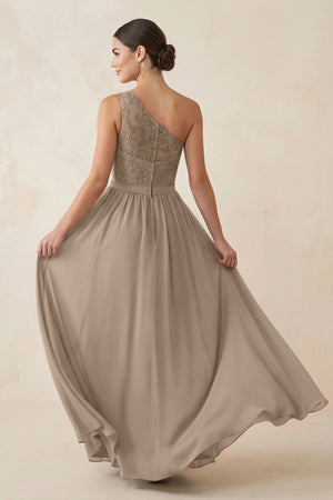 One-Shoulder Lace Chiffon A-Line Bridesmaid Dress in Almond (2) | KISSBRIDAL