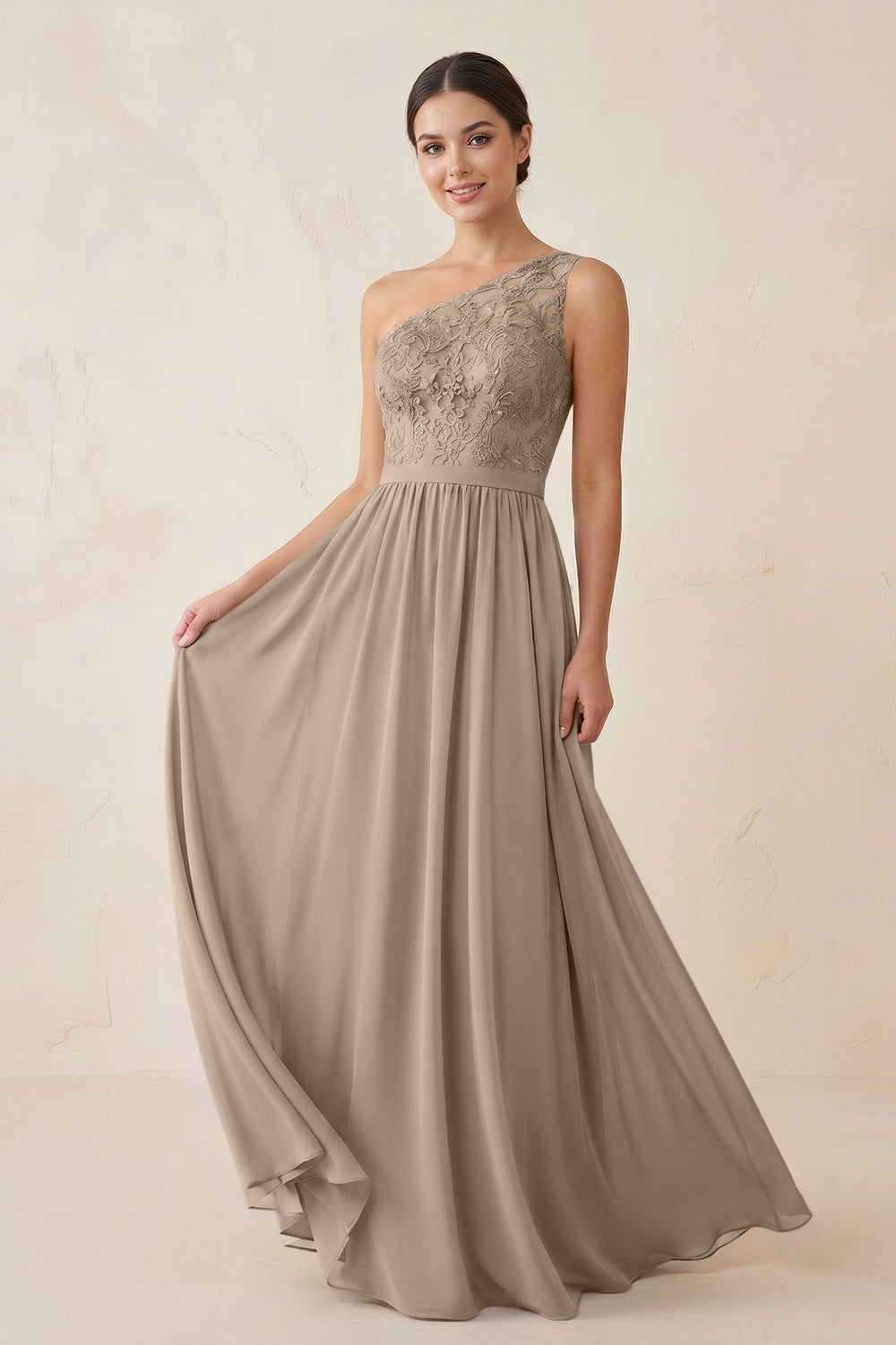 One-Shoulder Lace Chiffon A-Line Bridesmaid Dress in Almond