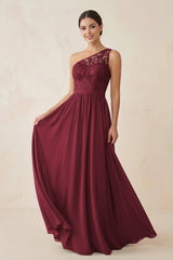One-Shoulder Lace Chiffon A-Line Bridesmaid Dress in Berry | KISSBRIDAL