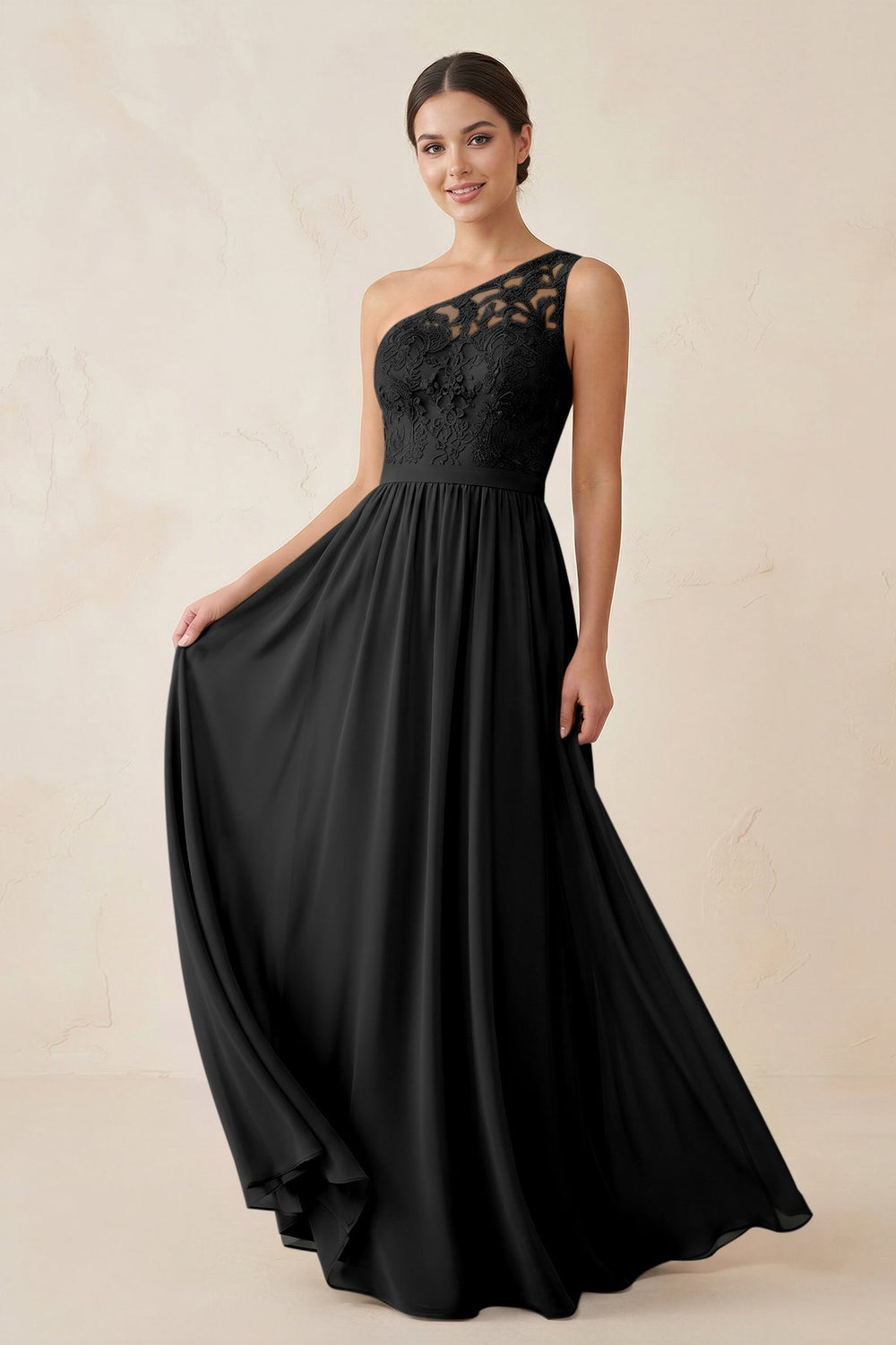 One-Shoulder Lace Chiffon A-Line Bridesmaid Dress in Black