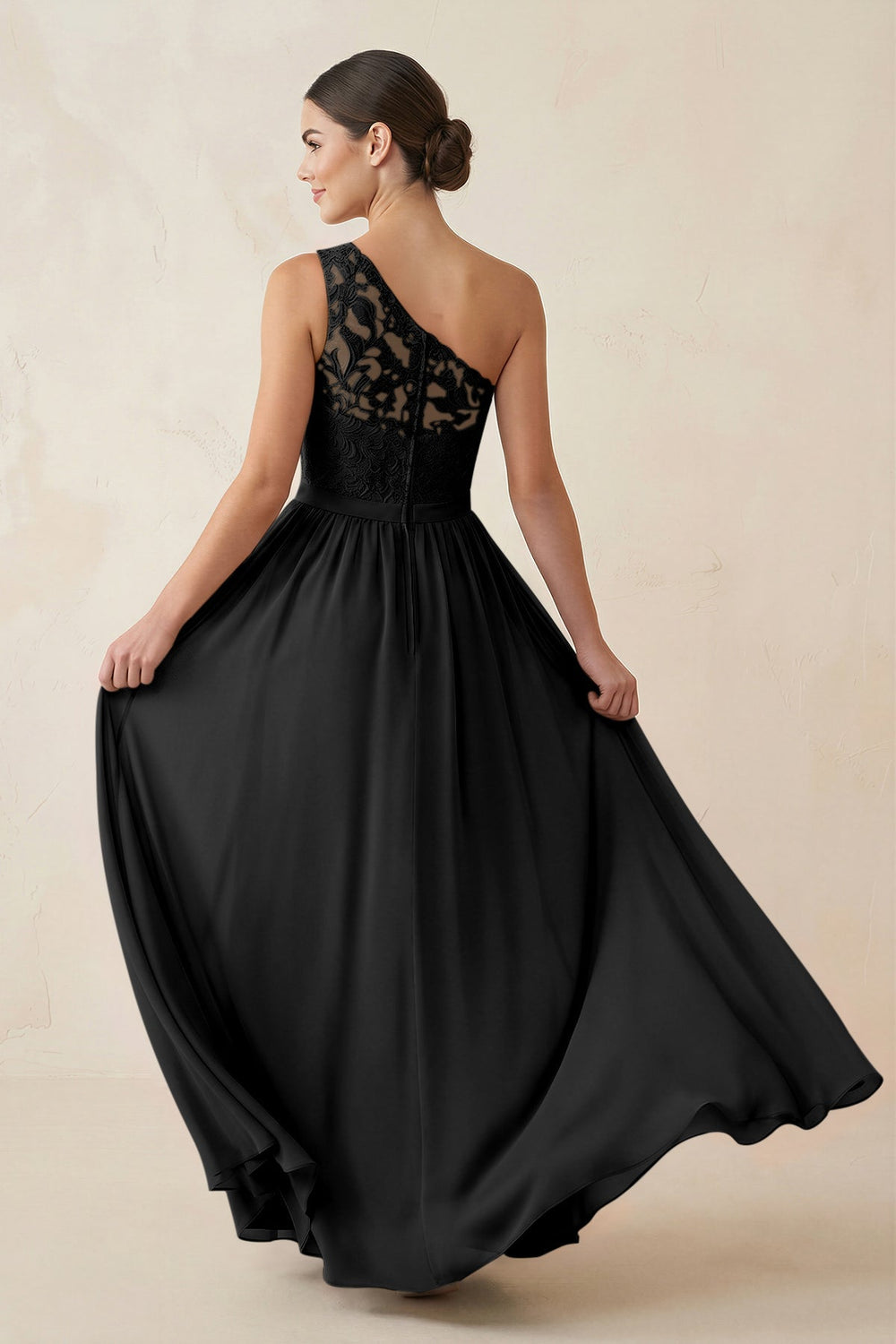 One-Shoulder Lace Chiffon A-Line Bridesmaid Dress in Black