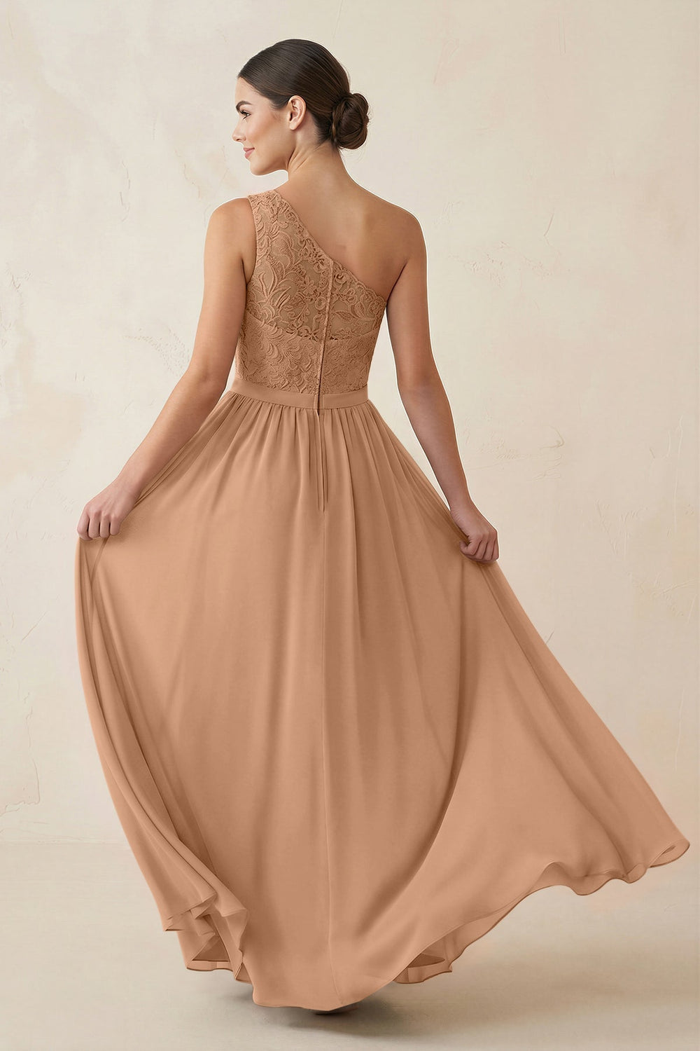 One-Shoulder Lace Chiffon A-Line Bridesmaid Dress in Bronzer