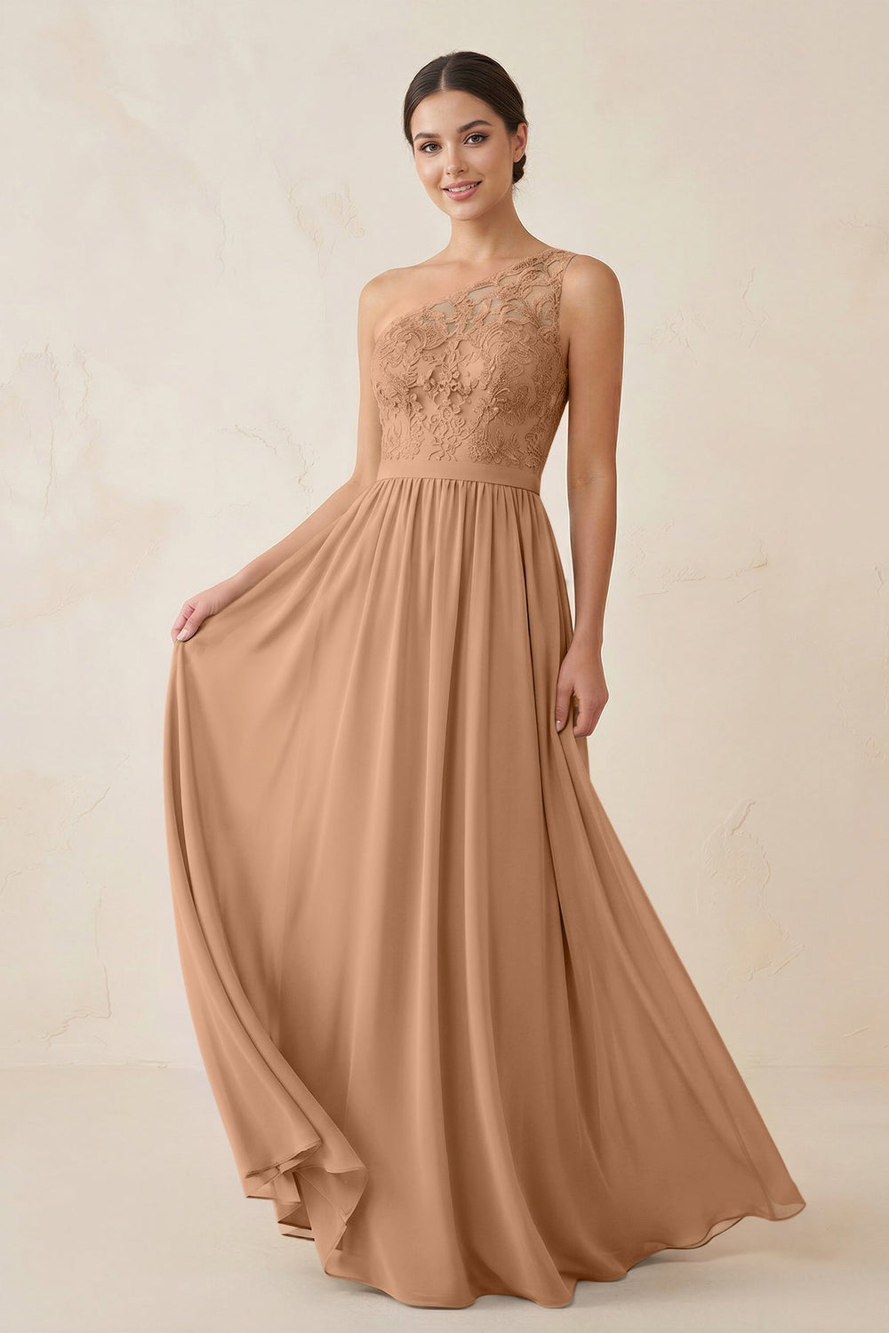 One-Shoulder Lace Chiffon A-Line Bridesmaid Dress in Bronzer