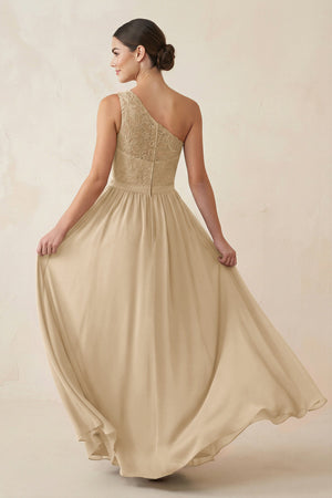 One-Shoulder Lace Chiffon A-Line Bridesmaid Dress in Champagne (2) | KISSBRIDAL