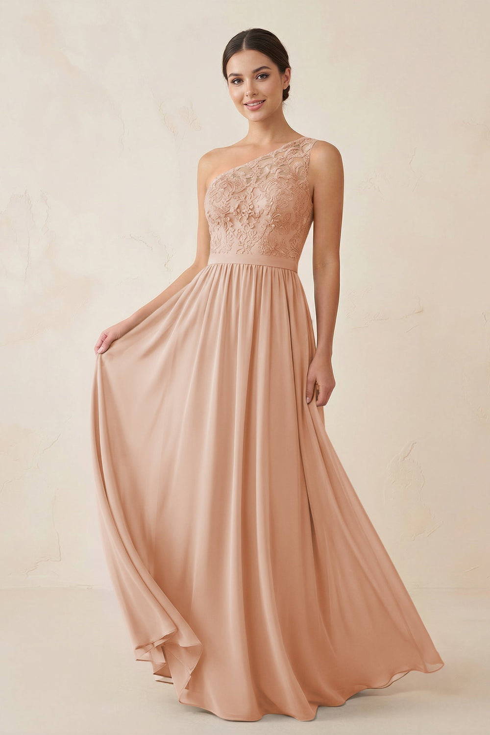 One-Shoulder Lace Chiffon A-Line Bridesmaid Dress in Champagne Rose