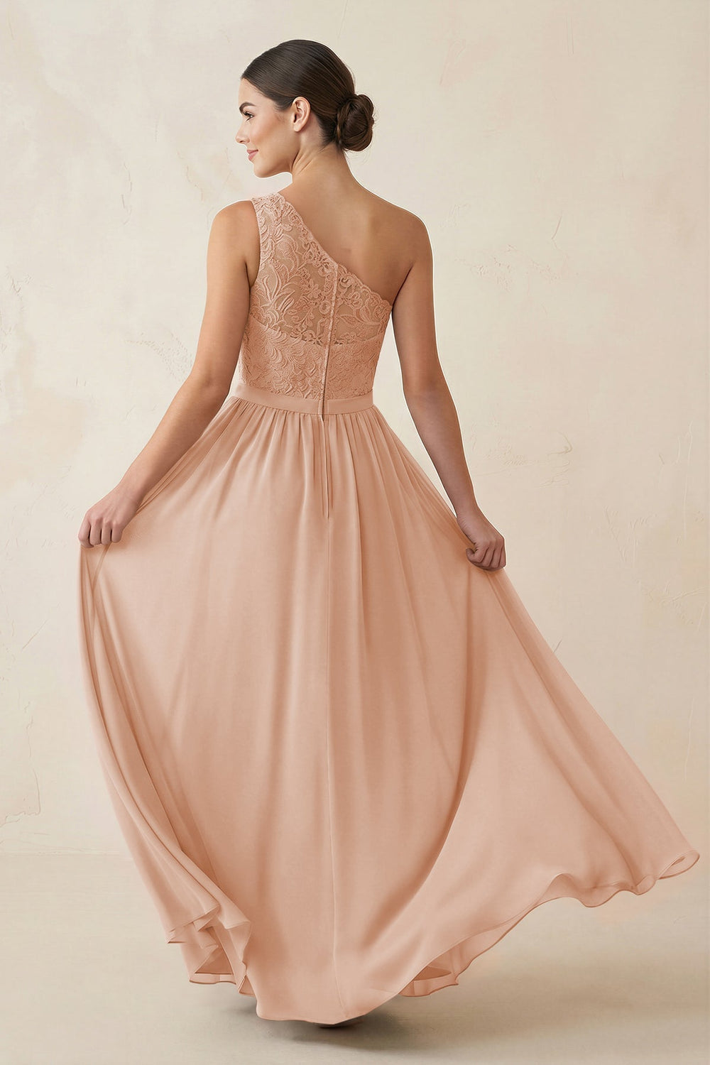 One-Shoulder Lace Chiffon A-Line Bridesmaid Dress in Champagne Rose