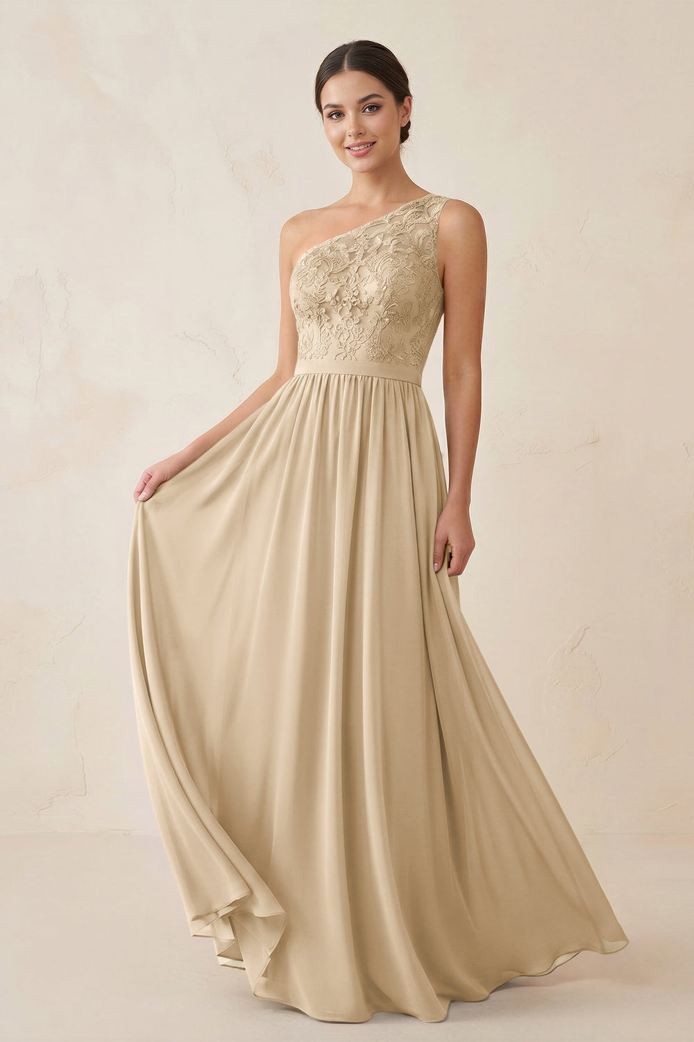 One-Shoulder Lace Chiffon A-Line Bridesmaid Dress in Champagne