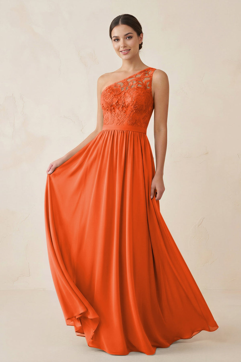 One-Shoulder Lace Chiffon A-Line Bridesmaid Dress in Cinnamon