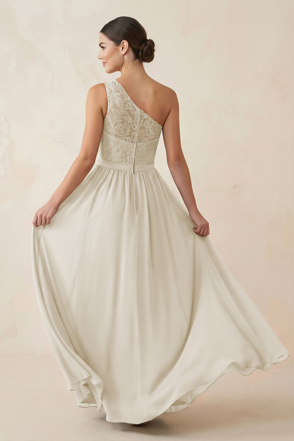 One-Shoulder Lace Chiffon A-Line Bridesmaid Dress in Dove Gray