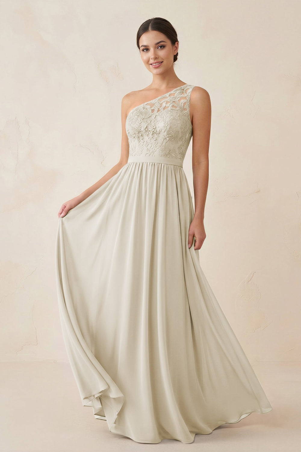 One-Shoulder Lace Chiffon A-Line Bridesmaid Dress in Dove Gray