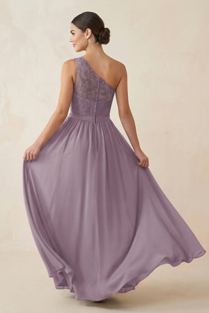 One-Shoulder Lace Chiffon A-Line Bridesmaid Dress in Dusk (2) | KISSBRIDAL