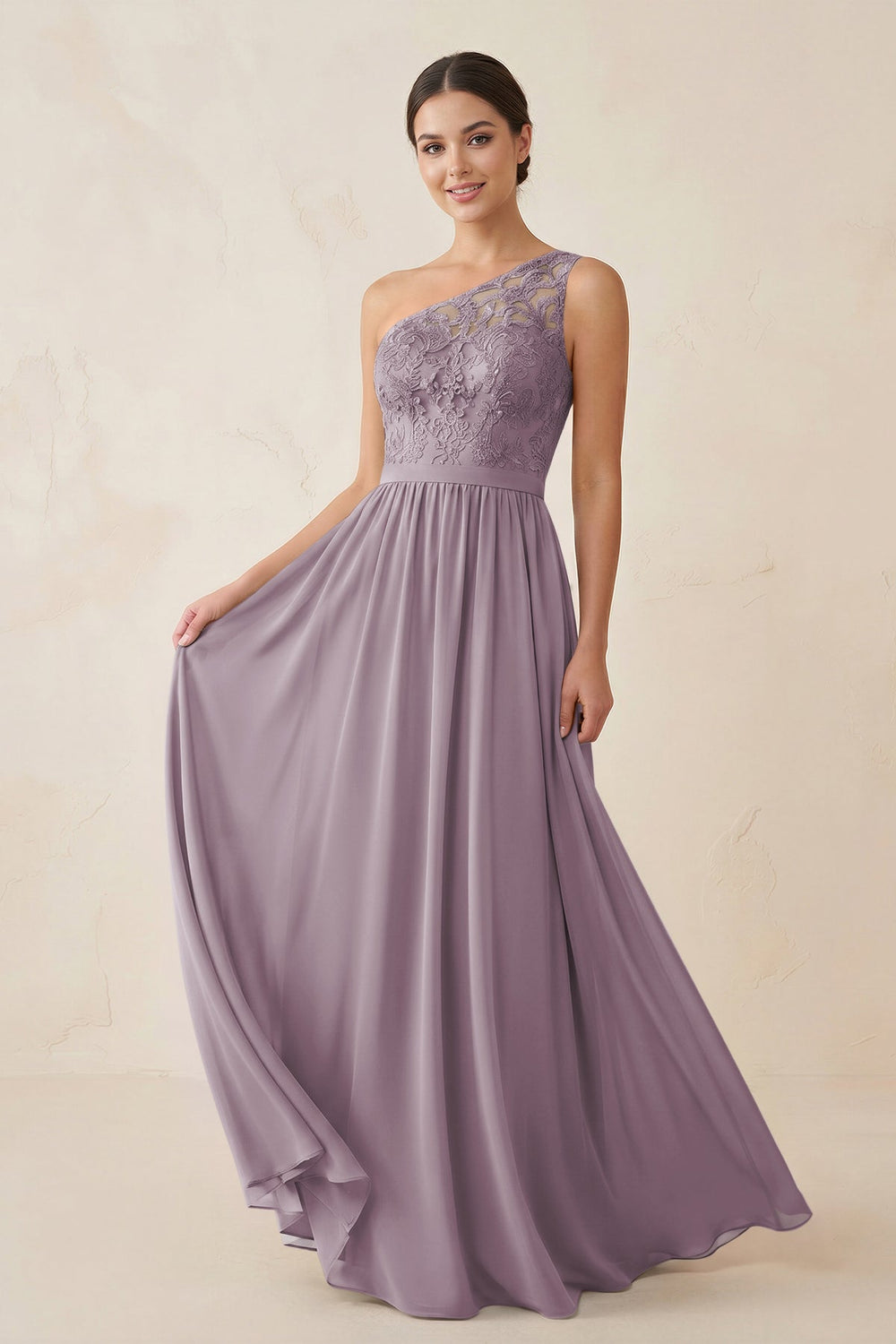 One-Shoulder Lace Chiffon A-Line Bridesmaid Dress in Dusk